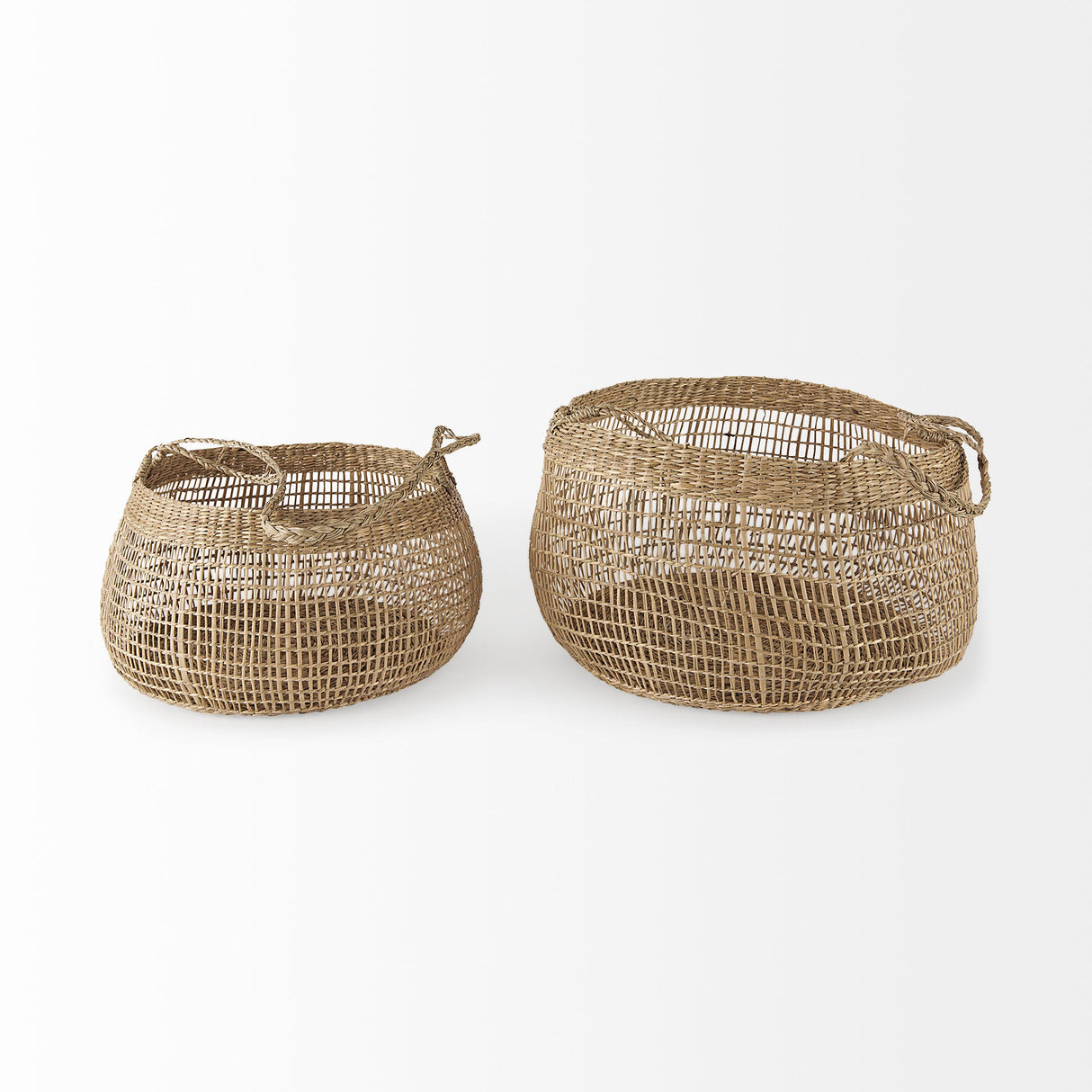 Nova (Set of 2) Light Brown Seagrass Woven Round Basket W/ Long Handle by Mercana at Eve Furniture
