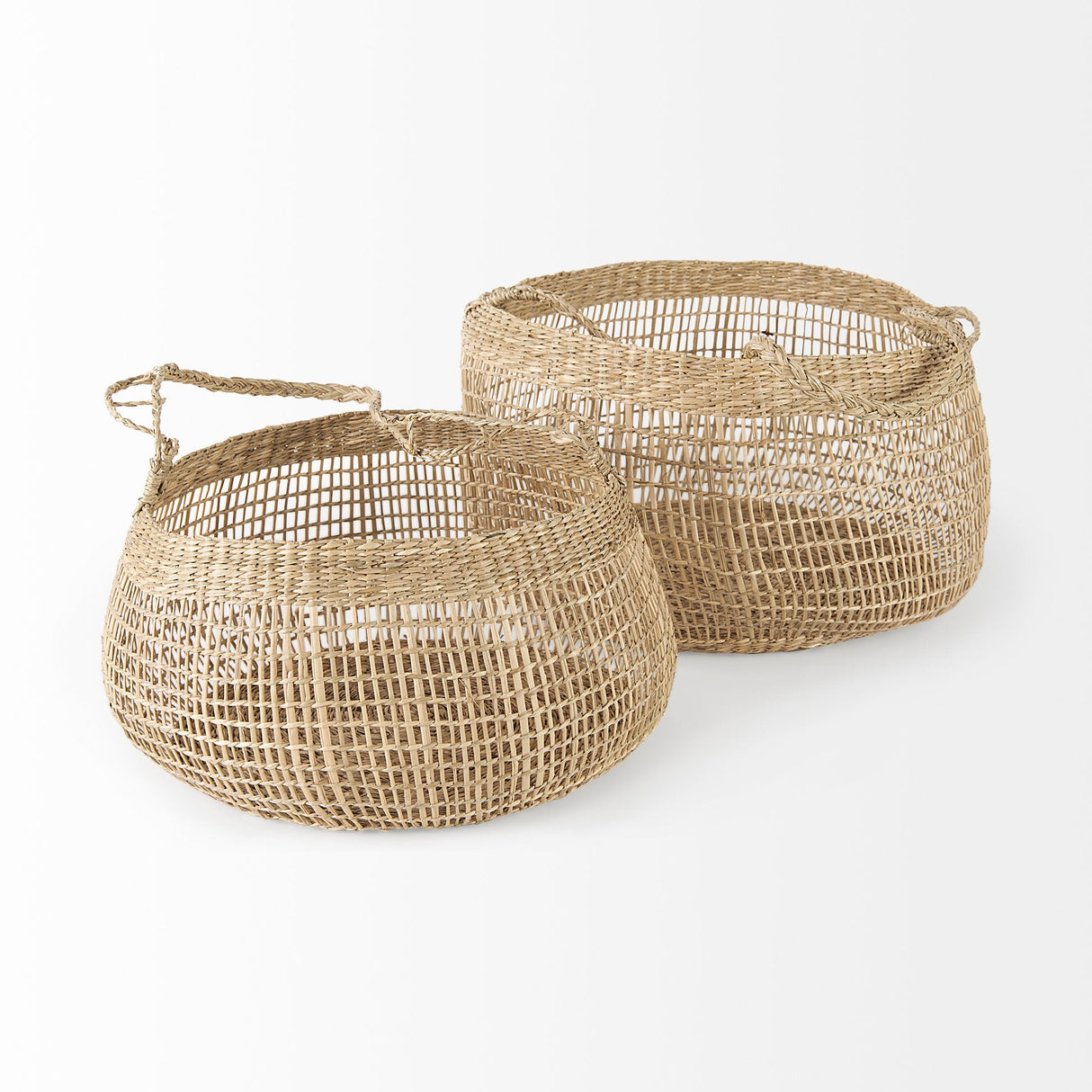 Nova (Set of 2) Light Brown Seagrass Woven Round Basket W/ Long Handle by Mercana at Eve Furniture
