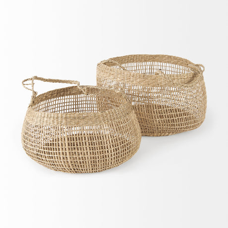 Nova (Set of 2) Light Brown Seagrass Woven Round Basket W/ Long Handle by Mercana at Eve Furniture