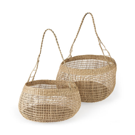 Nova (Set of 2) Light Brown Seagrass Woven Round Basket W/ Long Handle by Mercana at Eve Furniture