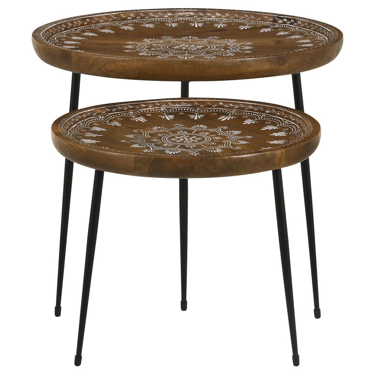 Nuala 2-Piece Round Nesting Table with Tripod Tapered Legs Honey/Black