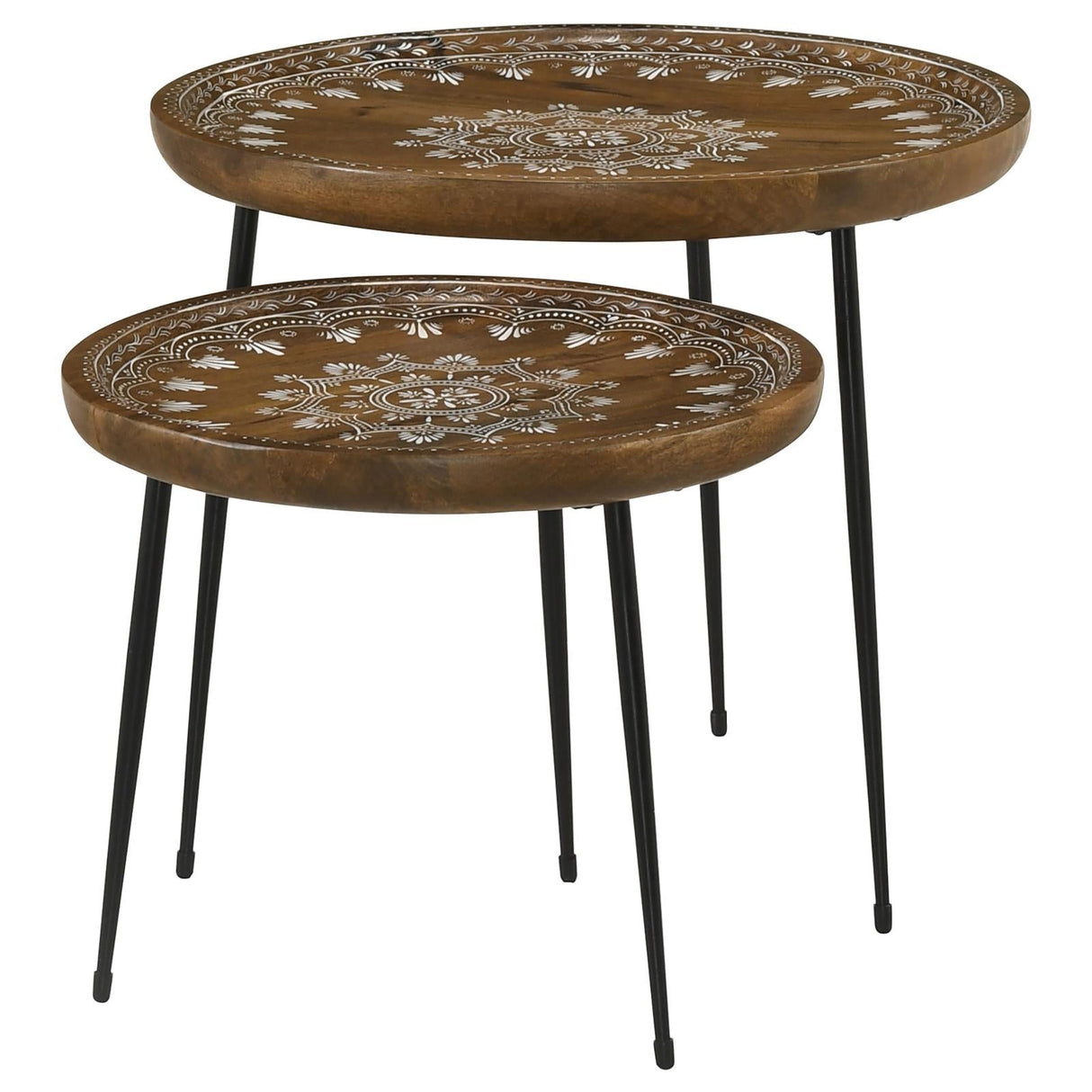 Nuala 2-Piece Round Nesting Table with Tripod Tapered Legs Honey/Black