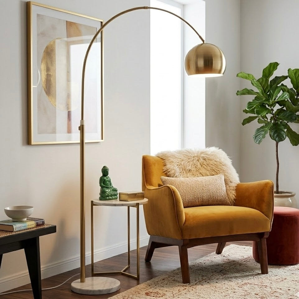Oasis Long Arm Gold Brass Adjustable Floor Lamp with Round White Marble Base by Ashcroft Imports at Eve Furniture