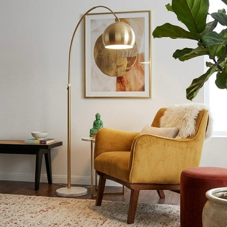 Oasis Long Arm Gold Brass Adjustable Floor Lamp with Round White Marble Base by Ashcroft Imports at Eve Furniture