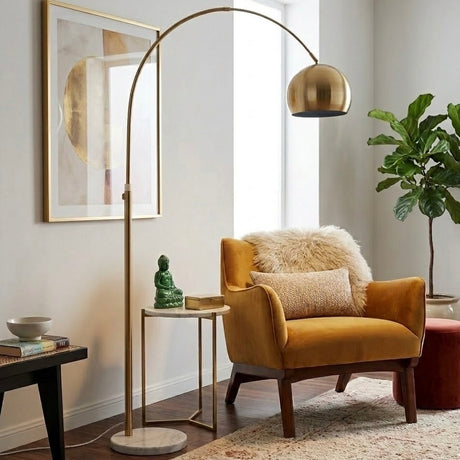 Oasis Long Arm Gold Brass Adjustable Floor Lamp with Round White Marble Base by Ashcroft Imports at Eve Furniture