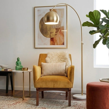 Oasis Long Arm Gold Brass Adjustable Floor Lamp with Round White Marble Base by Ashcroft Imports at Eve Furniture