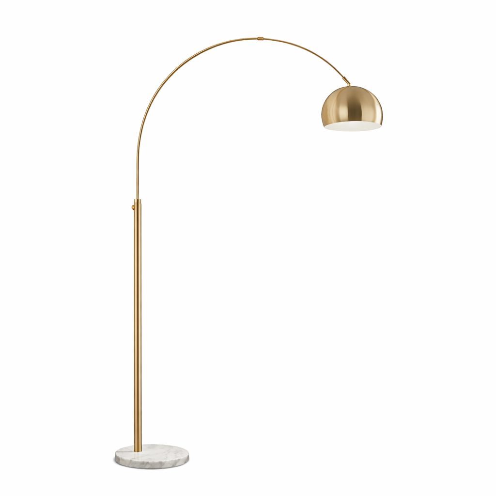 Oasis Long Arm Gold Brass Adjustable Floor Lamp with Round White Marble Base by Ashcroft Imports at Eve Furniture