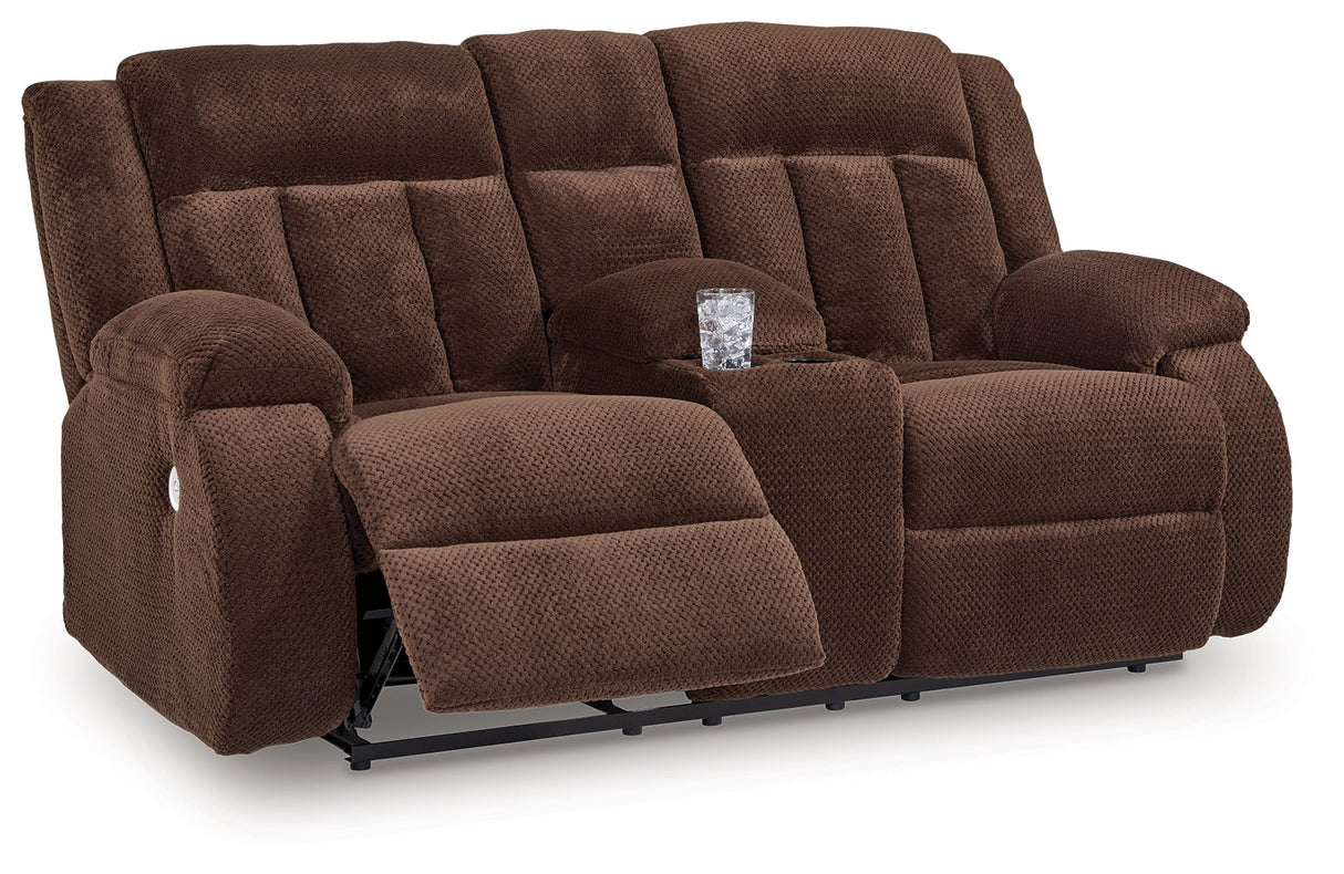 Observation Chocolate Power Reclining Loveseat with Console by Ashley at Eve Furniture