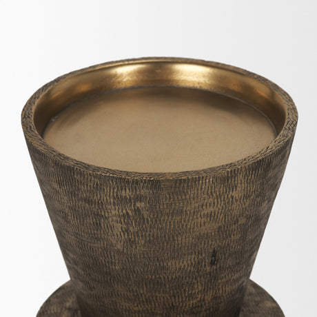 Odilia Large Textured Antiqued Gold Metal Geometric Pillar Candle Holder by Mercana at Eve Furniture