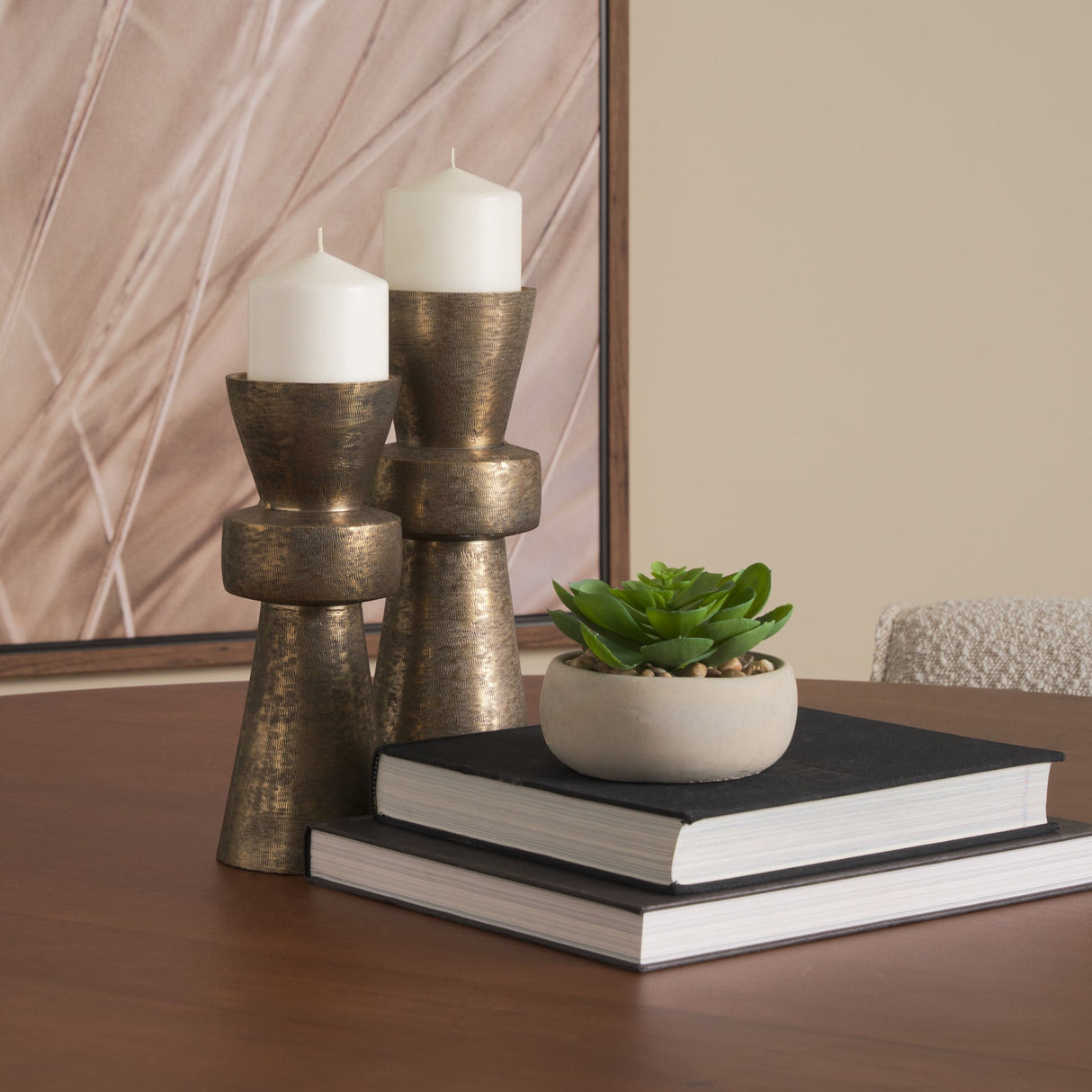 Odilia Large Textured Antiqued Gold Metal Geometric Pillar Candle Holder by Mercana at Eve Furniture