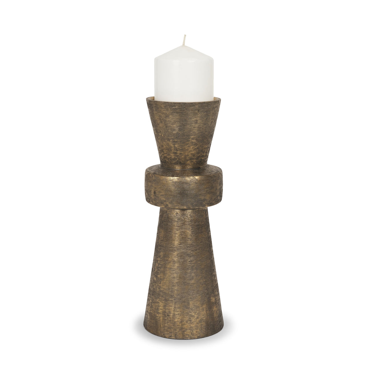 Odilia Large Textured Antiqued Gold Metal Geometric Pillar Candle Holder by Mercana at Eve Furniture