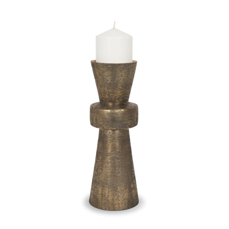 Odilia Large Textured Antiqued Gold Metal Geometric Pillar Candle Holder by Mercana at Eve Furniture