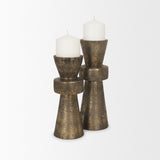 Odilia Small Textured Antiqued Gold Metal Geometric Pillar Candle Holder by Mercana at Eve Furniture