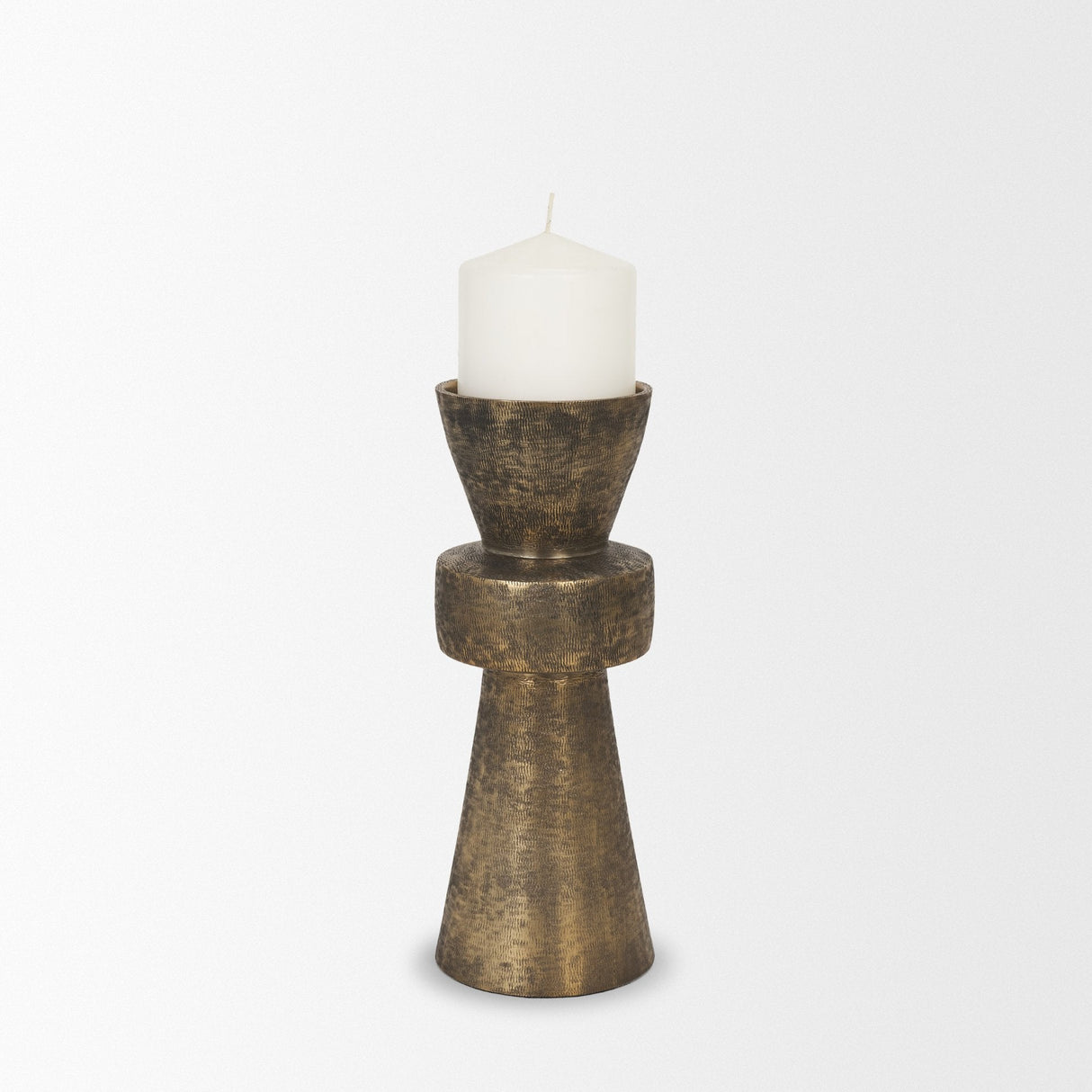 Odilia Small Textured Antiqued Gold Metal Geometric Pillar Candle Holder by Mercana at Eve Furniture
