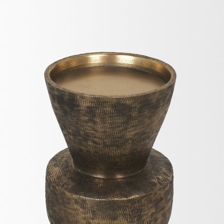 Odilia Small Textured Antiqued Gold Metal Geometric Pillar Candle Holder by Mercana at Eve Furniture