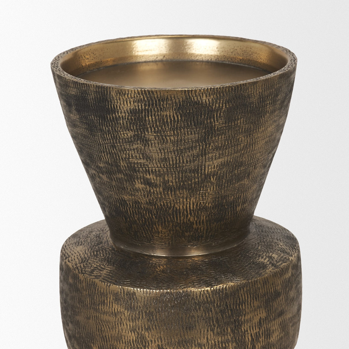 Odilia Small Textured Antiqued Gold Metal Geometric Pillar Candle Holder by Mercana at Eve Furniture