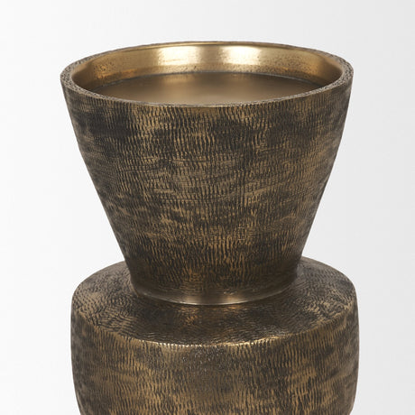 Odilia Small Textured Antiqued Gold Metal Geometric Pillar Candle Holder by Mercana at Eve Furniture