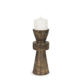 Odilia Small Textured Antiqued Gold Metal Geometric Pillar Candle Holder by Mercana at Eve Furniture