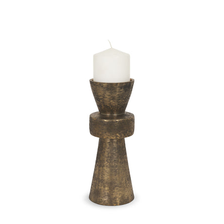 Odilia Small Textured Antiqued Gold Metal Geometric Pillar Candle Holder by Mercana at Eve Furniture