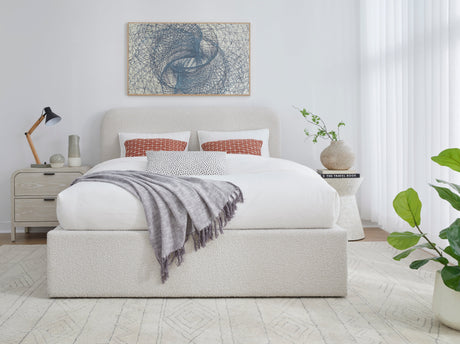 Off-White Upholstered California King Platform Bed in Ricotta Boucle by Modus Furniture at Eve Furniture