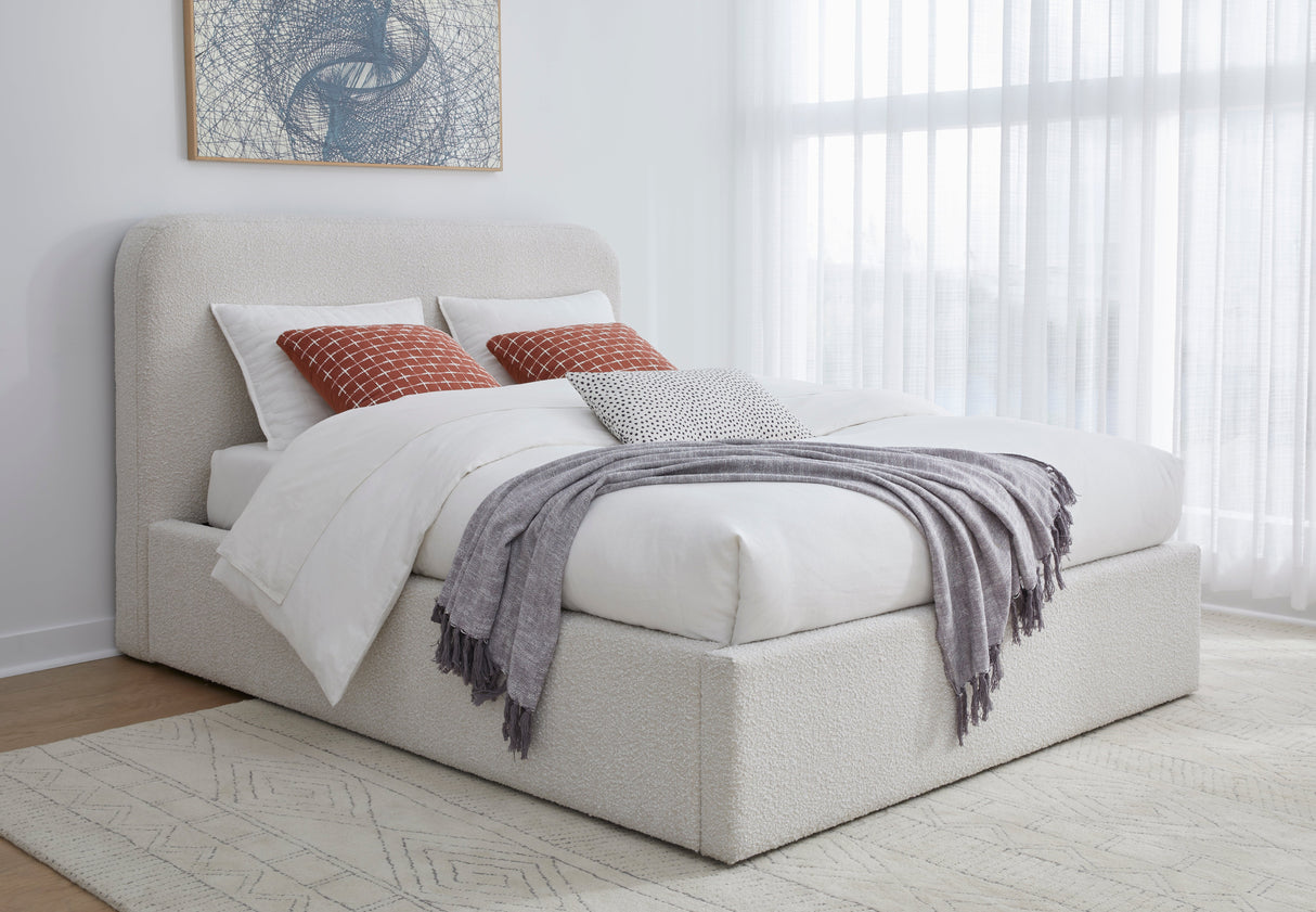 Off-White Upholstered California King Platform Bed in Ricotta Boucle by Modus Furniture at Eve Furniture