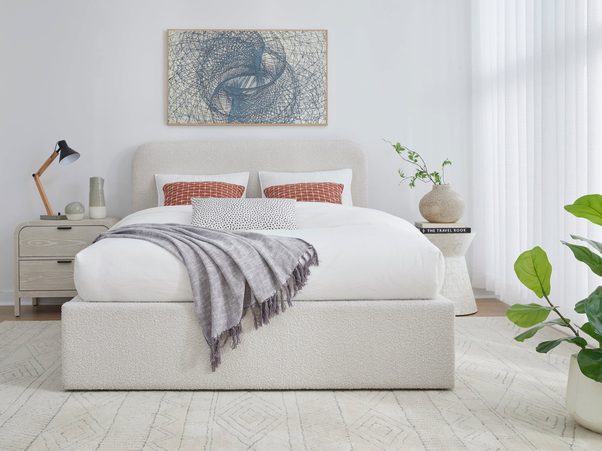 Off-White Upholstered Full Platform Bed in Ricotta Boucle by Modus Furniture at Eve Furniture