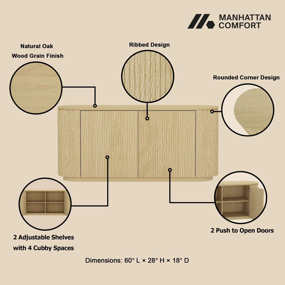 Olivia 60" Sideboard in Natural Oak by Manhattan Comfort at Eve Furniture