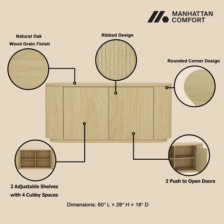 Olivia 60" Sideboard in Natural Oak by Manhattan Comfort at Eve Furniture