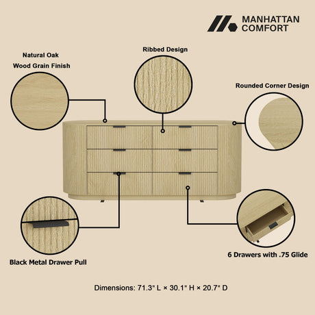 Olivia 71.3" Double Dresser in Natural Oak and Black by Manhattan Comfort at Eve Furniture