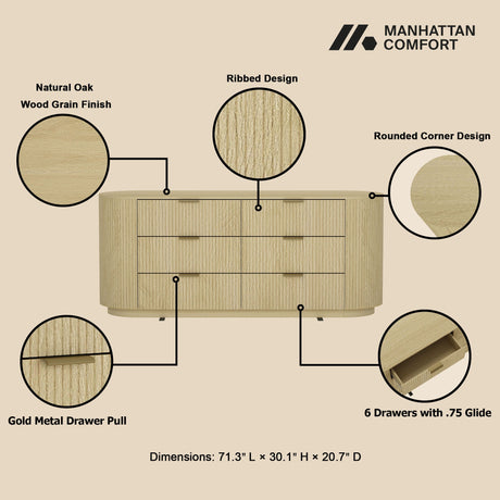 Olivia 71.3" Double Dresser in Natural Oak and Gold by Manhattan Comfort at Eve Furniture