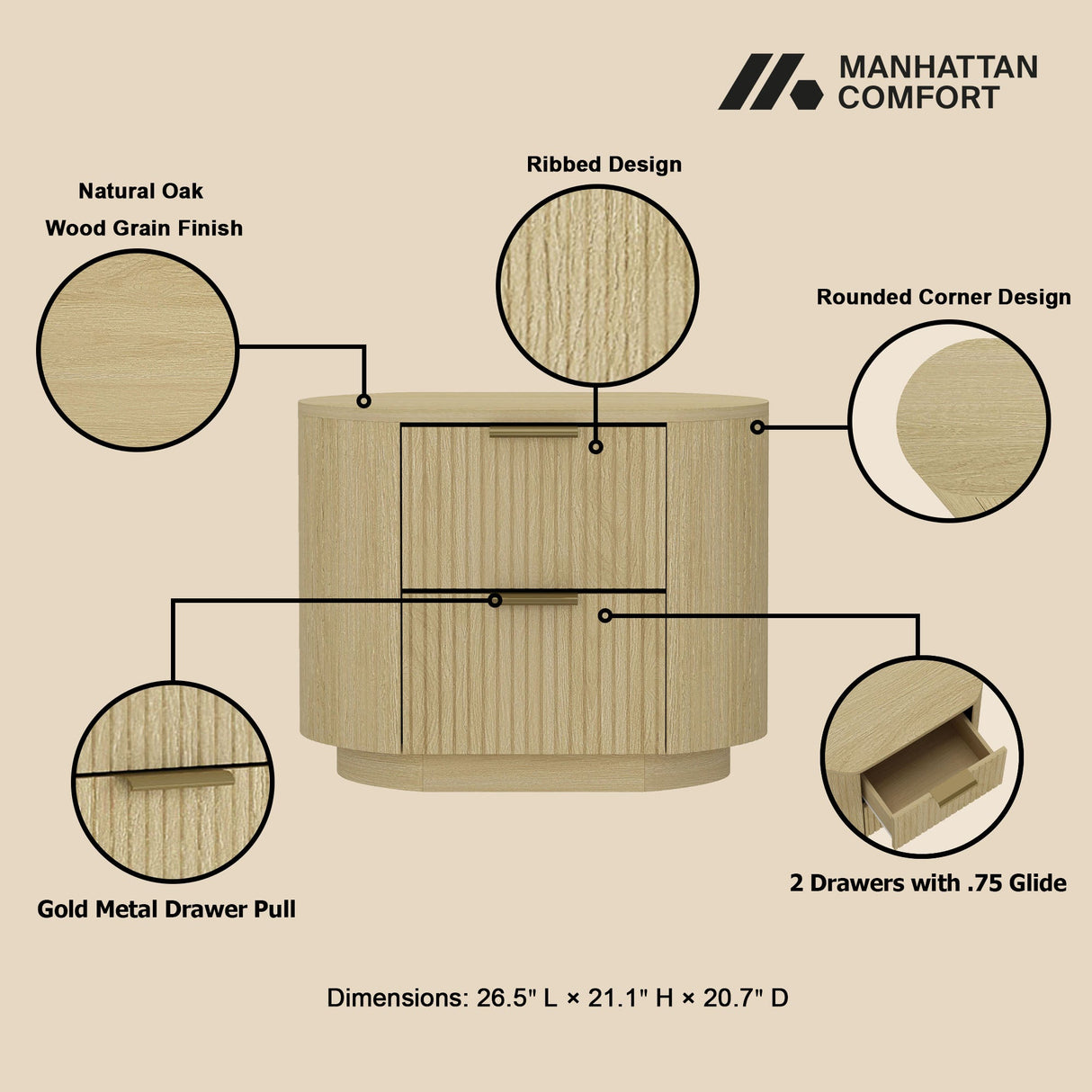 Olivia Nightstand in Natural Oak and Gold by Manhattan Comfort at Eve Furniture