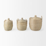 Olivia Set of 3 Beige Seagrass Basket W/Lid and Handles by Mercana at Eve Furniture
