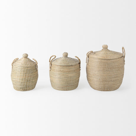 Olivia Set of 3 Beige Seagrass Basket W/Lid and Handles by Mercana at Eve Furniture