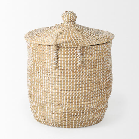 Olivia Set of 3 Beige Seagrass Basket W/Lid and Handles by Mercana at Eve Furniture