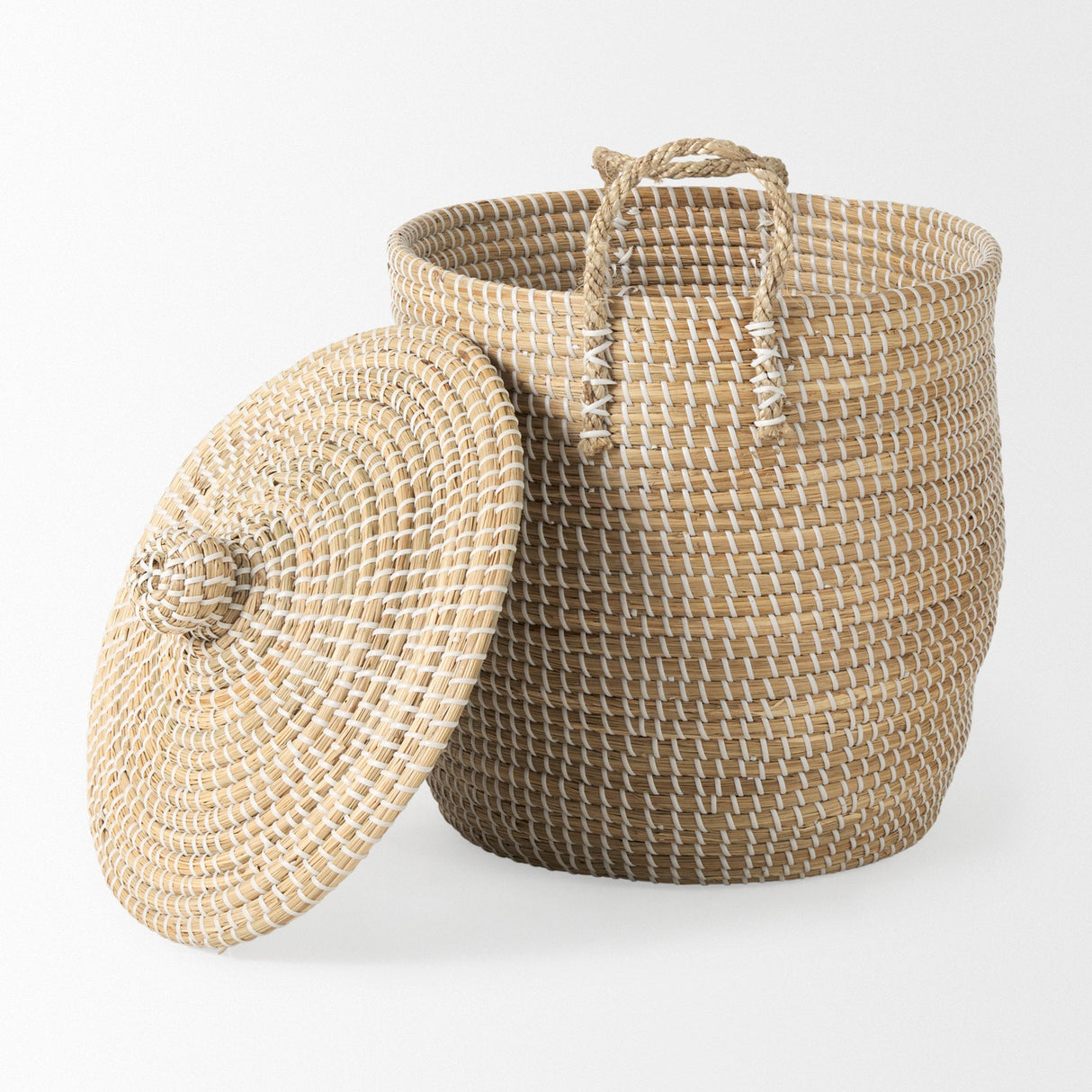 Olivia Set of 3 Beige Seagrass Basket W/Lid and Handles by Mercana at Eve Furniture