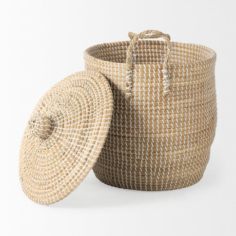 Olivia Set of 3 Beige Seagrass Basket W/Lid and Handles by Mercana at Eve Furniture