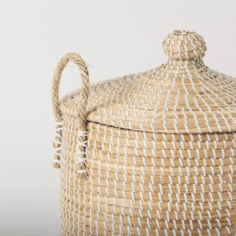 Olivia Set of 3 Beige Seagrass Basket W/Lid and Handles by Mercana at Eve Furniture