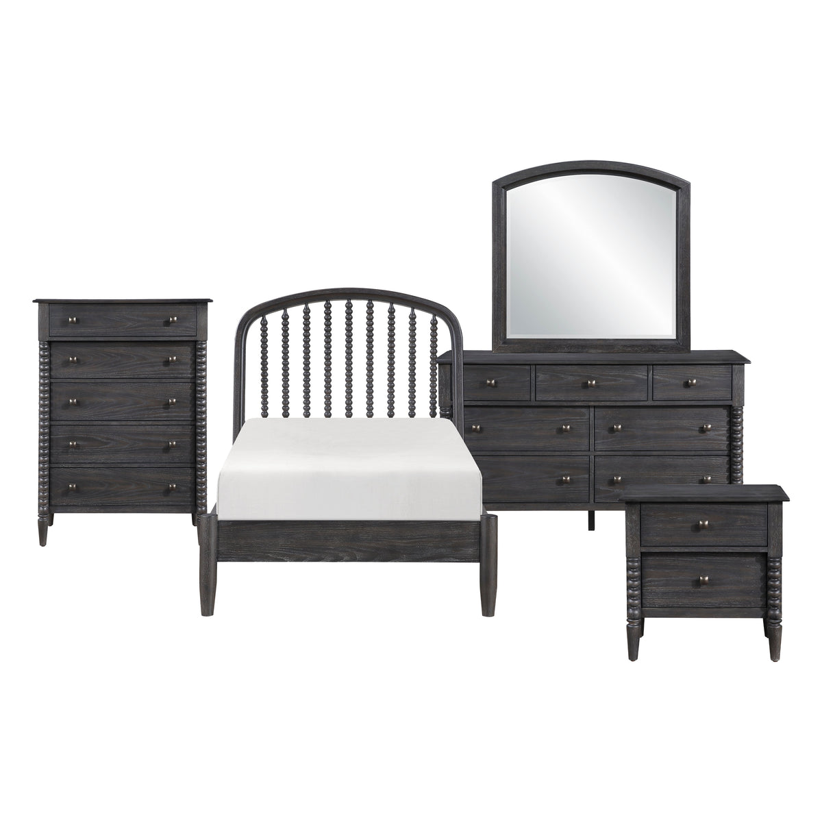 Olson Espresso Twin Bed, Mirror and Dresser, Chest with Nightstand