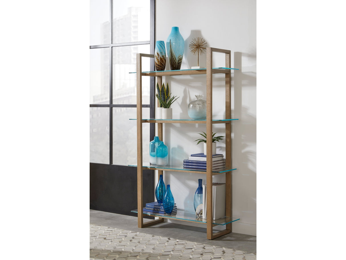 One Bisque/Clear Modern Coastal Glass Shelf Bookcase by Modus Furniture at Eve Furniture