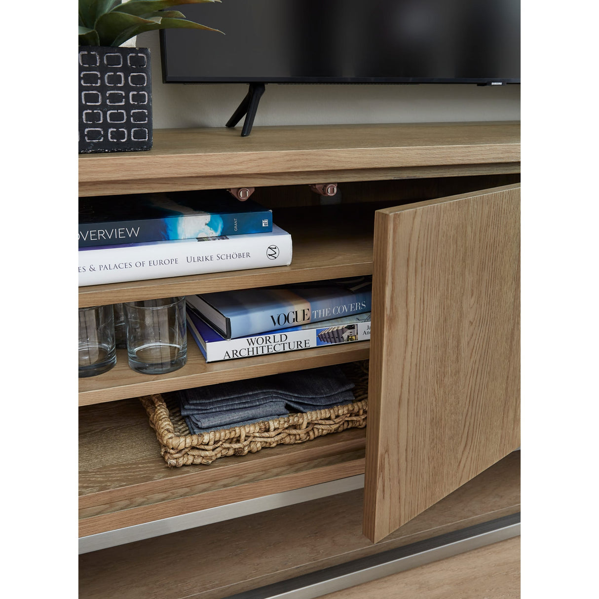 One Coastal Modern 74 inch TV Console in Bisque by Modus Furniture at Eve Furniture