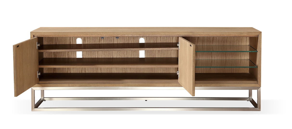 One Coastal Modern 74 inch TV Console in Brushed Stainless Steel and Bisque by Modus Furniture at Eve Furniture
