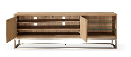 One Coastal Modern 74 inch TV Console in Brushed Stainless Steel and Bisque by Modus Furniture at Eve Furniture