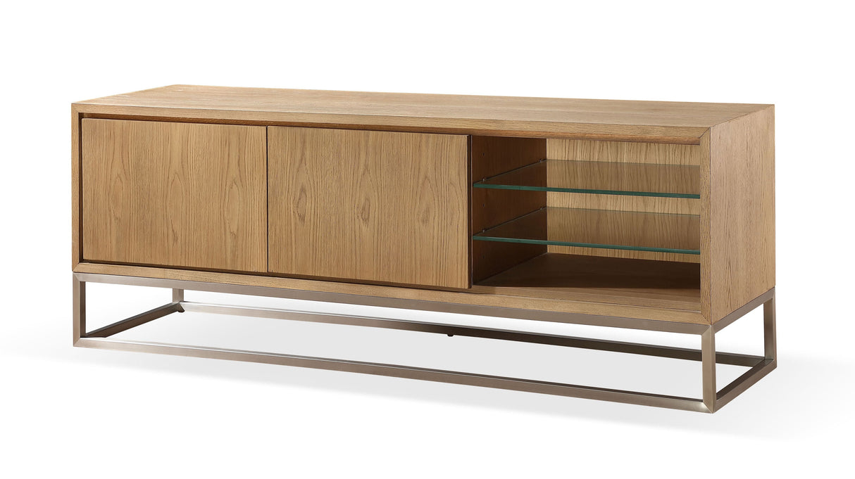 One Coastal Modern 74 inch TV Console in Brushed Stainless Steel and Bisque by Modus Furniture at Eve Furniture