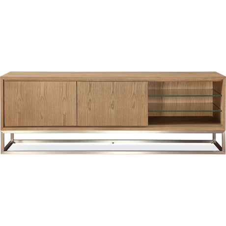 One Coastal Modern 74 inch TV Console in Brushed Stainless Steel and Bisque by Modus Furniture at Eve Furniture