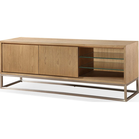 One Coastal Modern 74 inch TV Console in Brushed Stainless Steel and Bisque by Modus Furniture at Eve Furniture