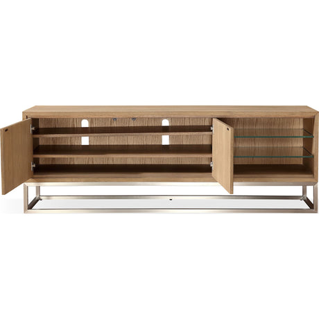 One Coastal Modern 74 inch TV Console in Brushed Stainless Steel and Bisque by Modus Furniture at Eve Furniture