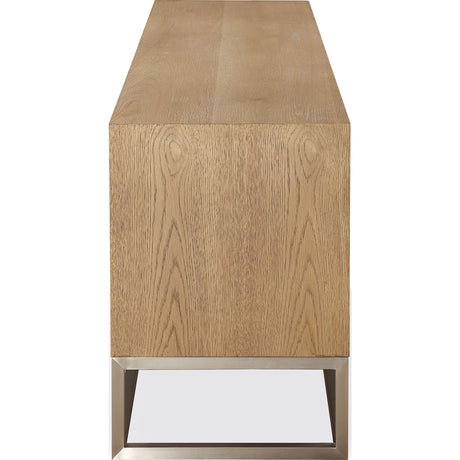 One Coastal Modern 74 inch TV Console in Brushed Stainless Steel and Bisque by Modus Furniture at Eve Furniture