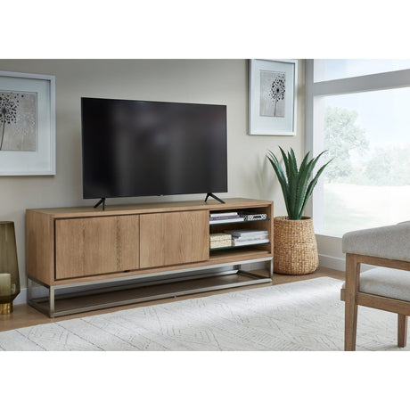 One Coastal Modern 74 inch TV Console in Brushed Stainless Steel and Bisque by Modus Furniture at Eve Furniture