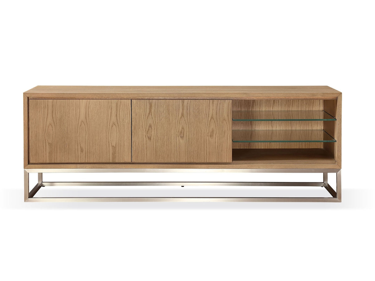 One Coastal Modern 74 inch TV Console in Brushed Stainless Steel and Bisque by Modus Furniture at Eve Furniture