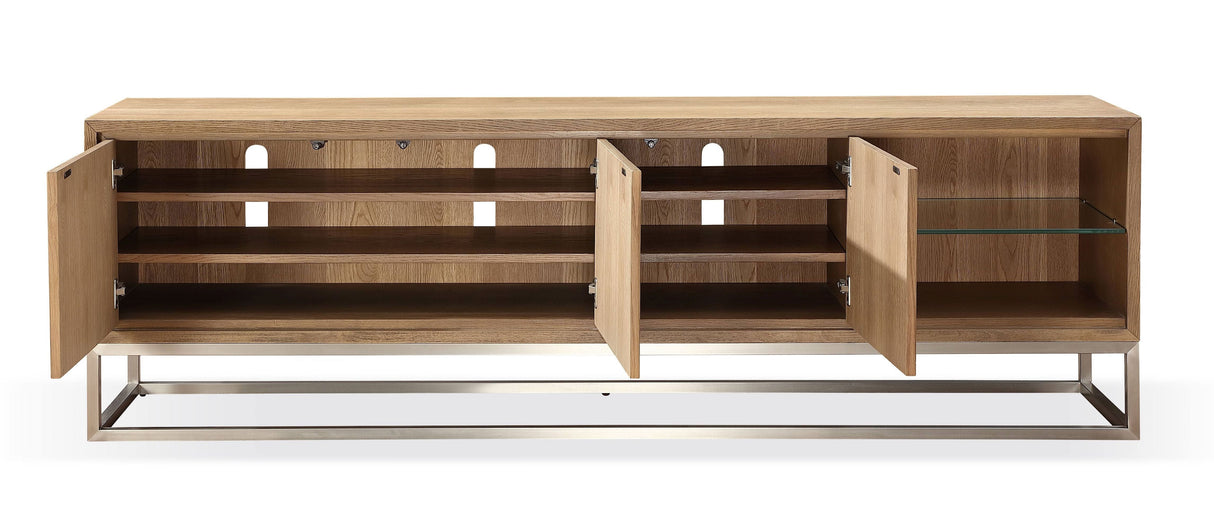 One Coastal Modern 84 inch TV Console in Brushed Stainless Steel and Bisque by Modus Furniture at Eve Furniture